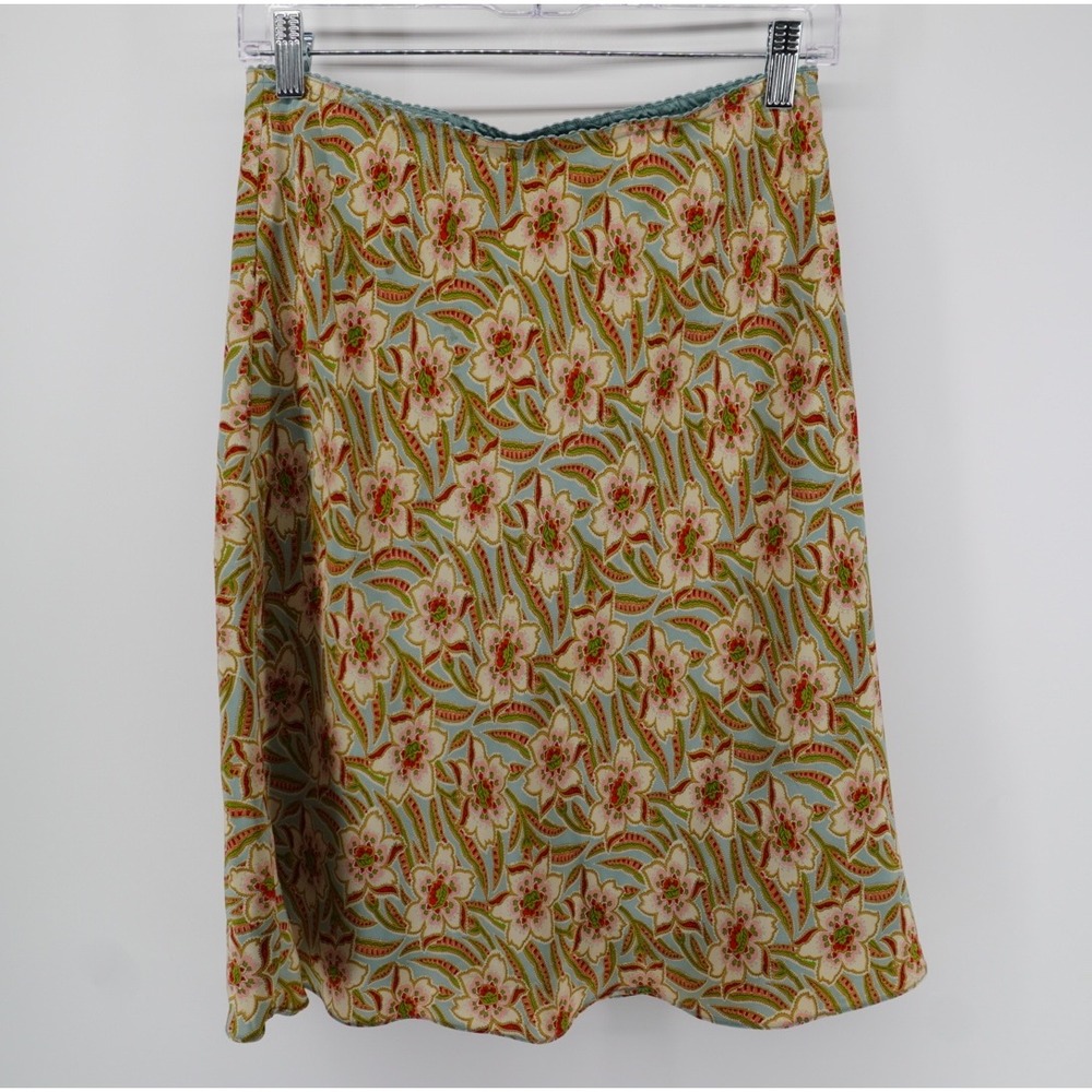 Gap Womens Size 6 Floral 100% Silk A-Line Midi Skirt Blue Pink Paisley Print Y2K